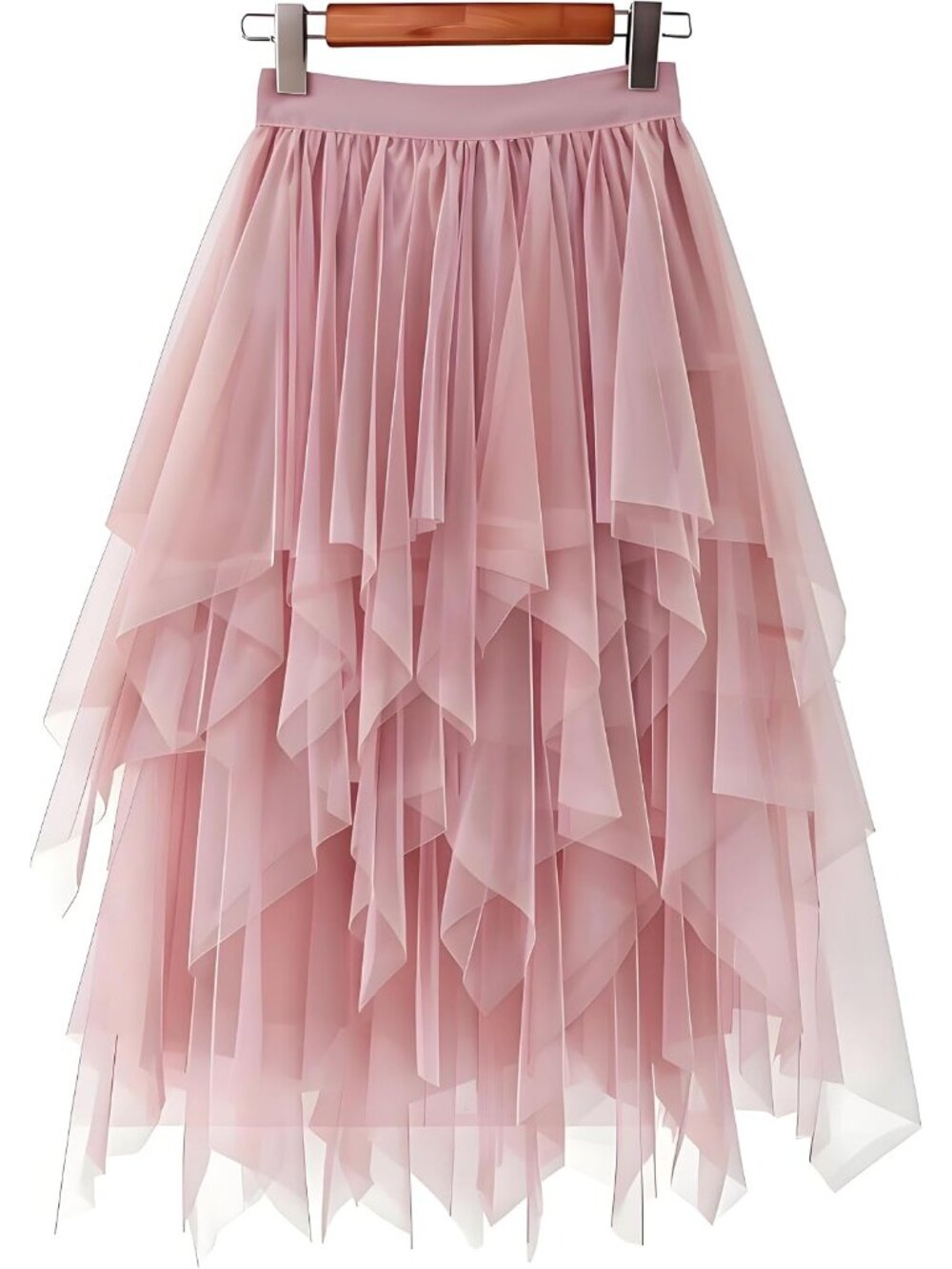 Women's Nude Pink High Waist Layered Tulle Mesh Ruffle Asymmetric Hem Midi Skirt